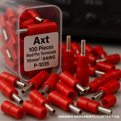Terminal Pino 10Mm (8Awg) Pré-Isolado Vermelho - Axt - 100 Unidades