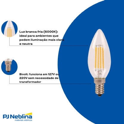 Lâmpada Led Filamento Vela 3W Bivolt E14 6000K Luz Branca - Ourolux