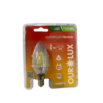 Lâmpada Led Filamento Vela 3W Bivolt E14 6000K Luz Branca - Ourolux