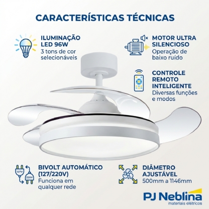 Ventilador Teto Retrátil Riviera 127/220V 96W Branco C/Controle Remoto - Tualix