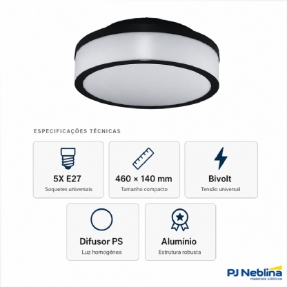 Luminária Plafon Sobrepor Santorini Preto 12W 5Xe27 Bivolt Difusor Poliestireno - Tuaflix