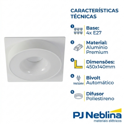 Luminária Plafon Sobrepor Nice Branco 15W 4Xe27 Bivolt Difusor Poliestireno - Tualux