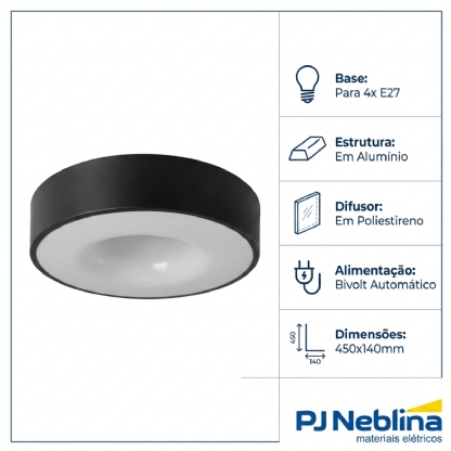 Luminária Plafon Sobrepor Nice Preto 15W 4Xe27 Bivolt Difusor Poliestireno - Tuaflix