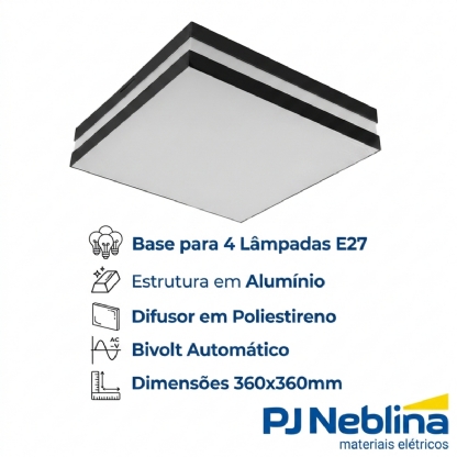 Luminária Plafon Sobrepor Bilbao Preto 20W 4Xe27 Bivolt Difusor Poliestireno - Tualix