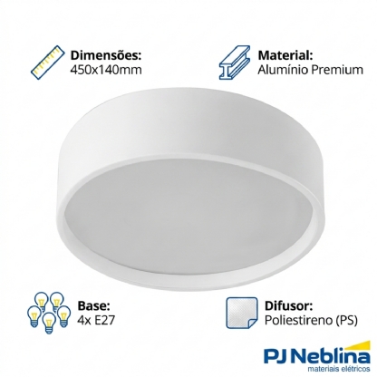 Luminária Plafon Sobrepor Ravena Branco/Branco 15W 4Xe27 Bivolt Difusor Poliestireno - Tualux