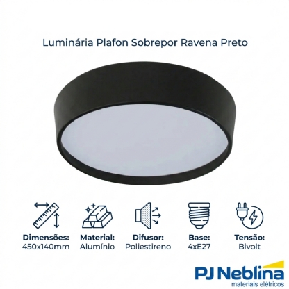 Luminária Plafon Sobrepor Ravena Preto/Preto 15W 4Xe27 Bivolt Difusor Poliestireno - Tuaflix