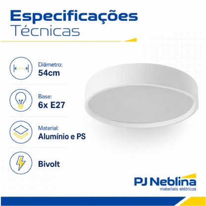 Luminária Plafon Sobrepor Ravena Branco/Branco 15W 6Xe27 Bivolt Difusor Poliestireno - Tualux
