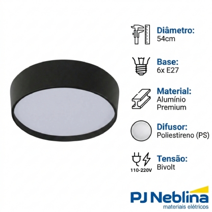 Luminária Plafon Sobrepor Ravena Preto/Preto 15W 6Xe27 Bivolt Difusor Poliestireno - Tualux