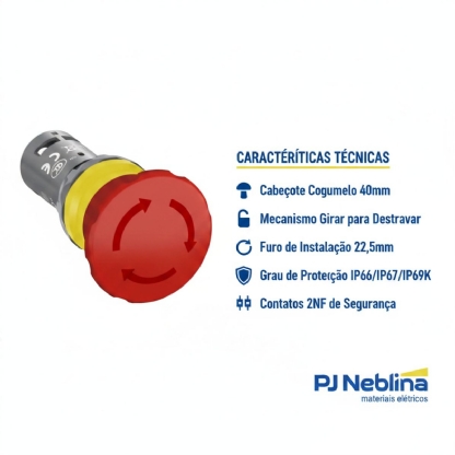 Botao Emergencia Cogumelo 40mm Girar Destr 22,5mm Plastico V