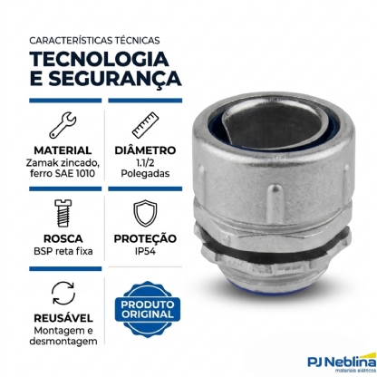 Conector Eletroduto Macho Reusável Zamak Zincado 1.1/2 Polegadas Rosca Bsp Reto Fixo Kmra - Ekoflex