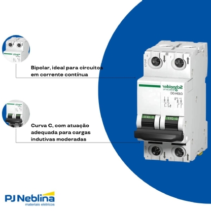 Disjuntor Mini Din Bipolar 10A Curva C 20Ka 220Vcc - Schneider