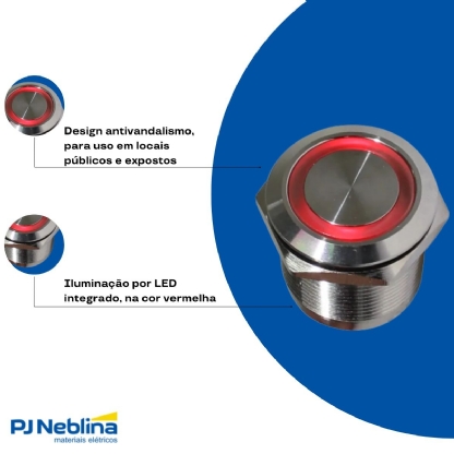 Botão Comando Antivandalismo Pulsador Faceado Iluminado Redondo 22Mm Inox Vermelho 1Na+1Nf Led 220Vca/Cc - Metaltex