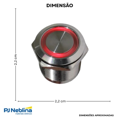 Botão Comando Antivandalismo Pulsador Faceado Iluminado Redondo 22Mm Inox Vermelho 1Na+1Nf Led 220Vca/Cc - Metaltex