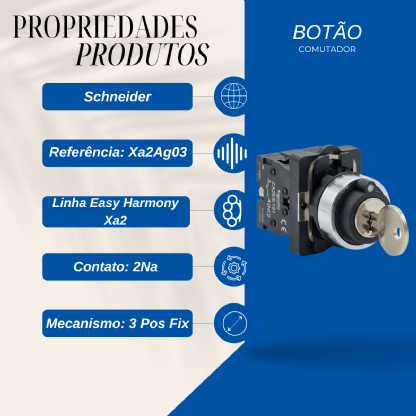 Botão Comutador Chave Yale 3 Pos Fix 45G 22Mm Plástico Preto 2Na - Schneider