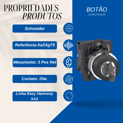 Botão Comutador Chave Yale 3 Pos Ret 45G 22Mm Plástico Preto 2Na - Schneider