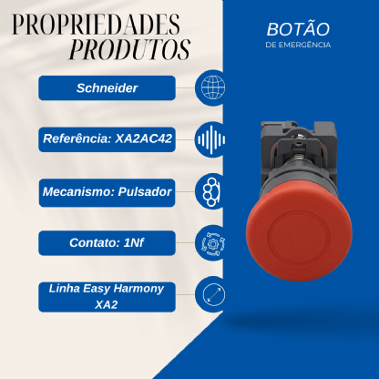 Botão De Emergência Cogumelo 40Mm Pulsador 22Mm Plástico Vermelho 1Nf - Schneider