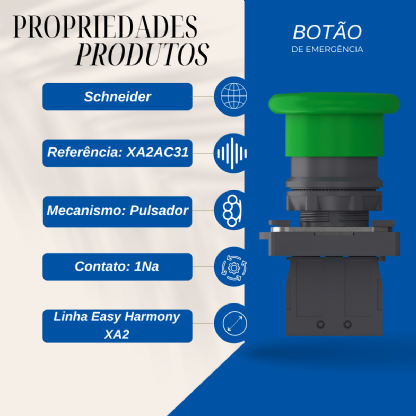 Botão De Emergência Cogumelo 40Mm Pulsador 22Mm Plástico Verde 1Na - Schneider