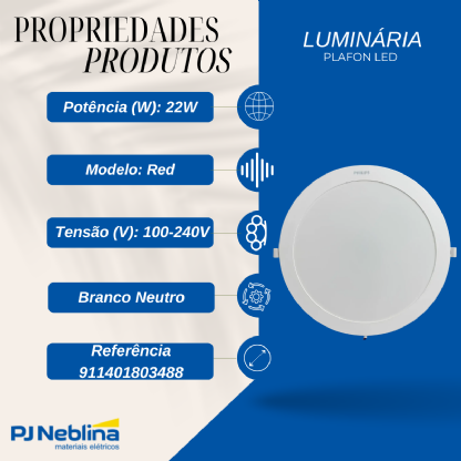 Luminária Plafon Led Embutir Red Branco 22W 100-240V 4000K Branco Neutro 2000Lm Dif - Philips