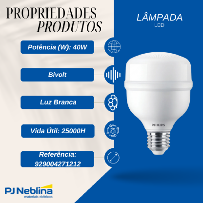 Lâmpada Led Bulbo Alta Potência T Leitosa 40W Bivolt E27 6500K Branco Frio Luz Branca 3000Lm - Philips