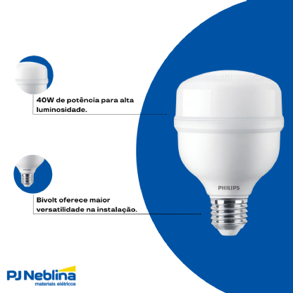 Lâmpada Led Bulbo Alta Potência T Leitosa 40W Bivolt E27 6500K Branco Frio Luz Branca 3000Lm - Philips
