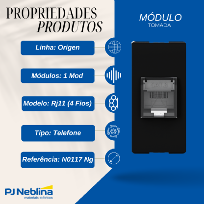 Módulo Tomada Telefone Rj11 (4 Fios) 1 Mod Preto Origen - Abb
