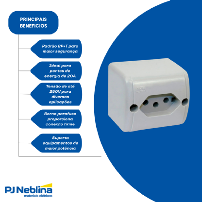 Tomada Sobrepor 2P+T Retangular 20A 250V Branco Borne Parafuso - Pial
