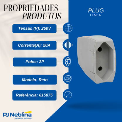 Plug Femea 2P 20A 250V Cinza Axial C/Prensa Cabo - Pial