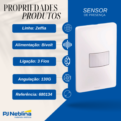 Sensor Presença C/Fotocélula Embutir Parede Bivolt Alcance 8M Branco Placa 4X2 - Pial