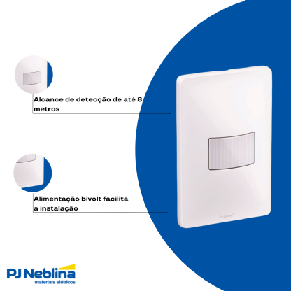 Sensor Presença C/Fotocélula Embutir Parede Bivolt Alcance 8M Branco Placa 4X2 - Pial