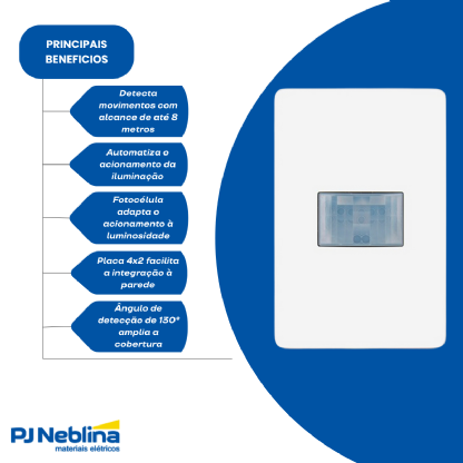 Sensor Presença C/Fotocélula Embutir Parede Bivolt Alcance 8M Branco Placa 4X2 - Pial