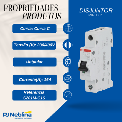 Disjuntor Mini Din Unipolar 16A Curva C 10Ka 230/400V - Abb