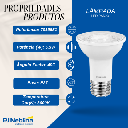 Lâmpada Led Par20 5,5W Bivolt E27 3000K Branco Quente Luz Amarela 525Lm 40G - Osram/Ledvance
