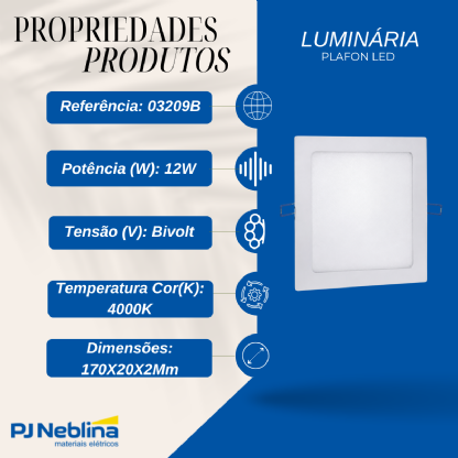 Luminária Plafon LED Embutir Quadrado 12W Bivolt 4000K - Ourolux