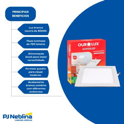 Luminária Plafon LED Embutir Quadrado 12W Bivolt 4000K - Ourolux