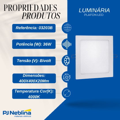 Plafon LED Quadrado Embutir 36W 4000K Bivolt Branco Neutro - Ourolux