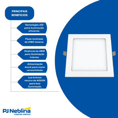 Plafon LED Quadrado Embutir 36W 4000K Bivolt Branco Neutro - Ourolux