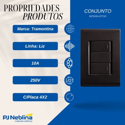 Conjunto 2 Interruptor Simples 10A 250V C/Placa 4X2 Grafite Liz - Tramontina