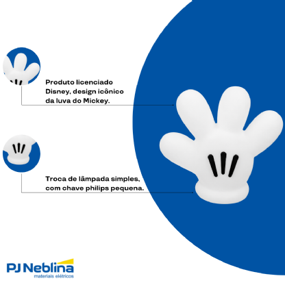 Luminária Mesa Led Sobrepor Luva Mickey Branco P/Lâmpada Bolinha 5W Bivolt C/Cabo 1,80M - Usare