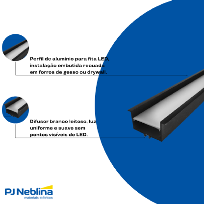 Perfil De Embutir Recuado C/ Mola 64Mmx34Mm Preto Dif Bc 2Mt - Luminatti