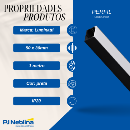 Perfil De Sobrepor C/ Mola 50Mmx30Mm Preto Difusor Branco 1Mt - Luminatti
