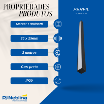 Perfil De Sobrepor C/ Mola 35Mmx 25Mm Preto Difusor Bc 3Mt - Luminatti
