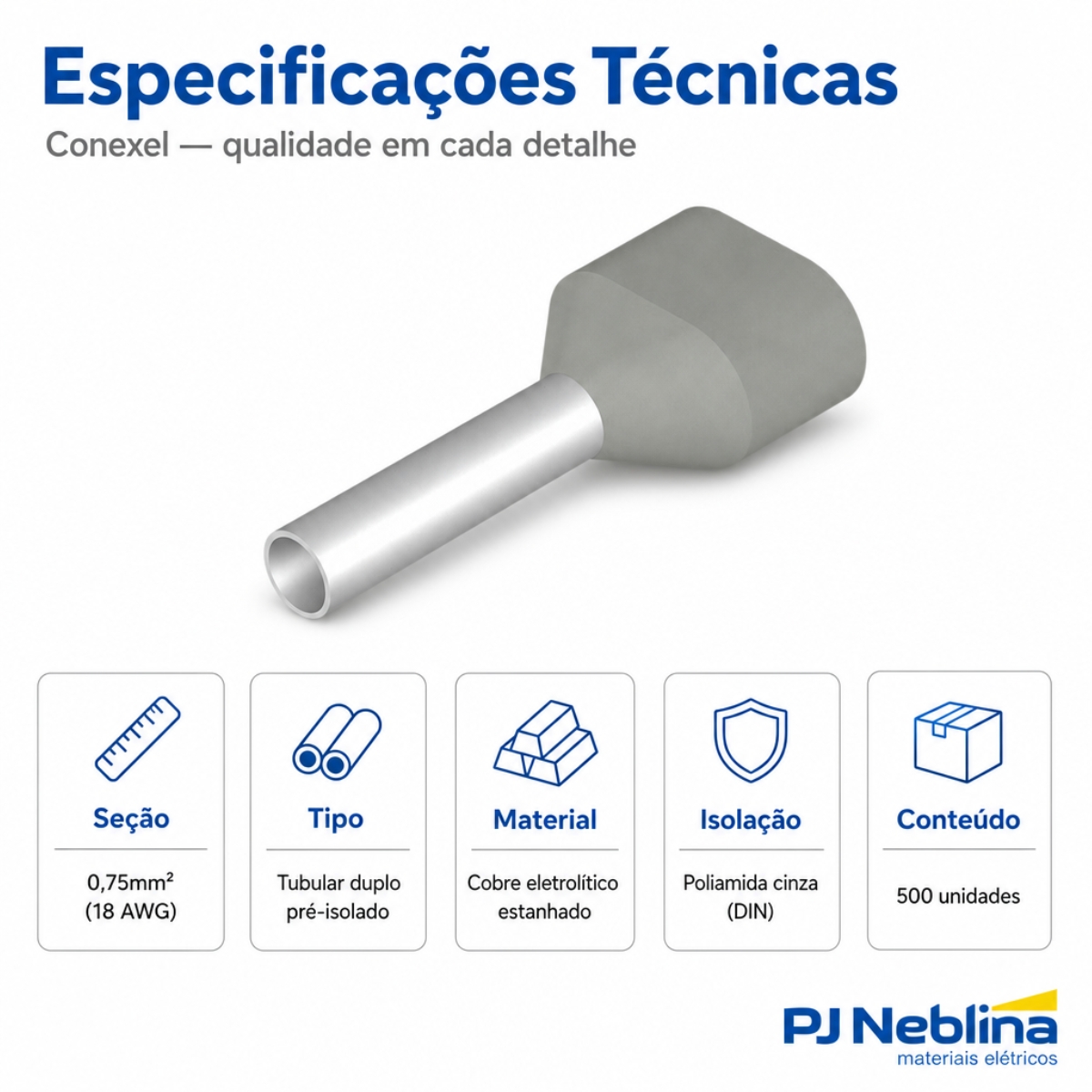 Terminal Tubular (Ilhos) Duplo 0,75Mm (18Awg) Pre-Isolado Cinza 500Uni - Conexel