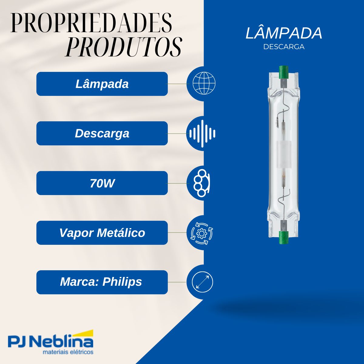 Lâmpada Vapor Metálico Duplo Contato 70W Rx7S 4200K Branco Neutro 118Mm - Philips