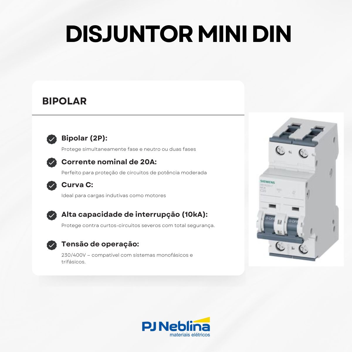 Disjuntor Mini Din Bipolar 20a Curva C 10ka 230/400v