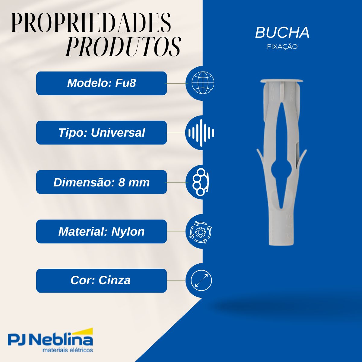 Bucha Fixação Universal Fu8 8Mm Nylon Cinza - Fischer
