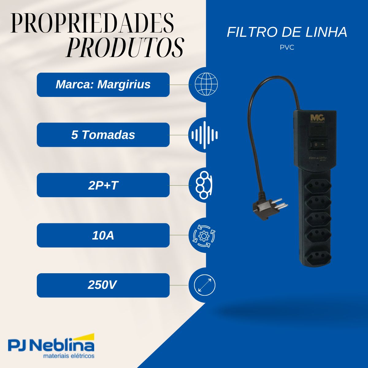 Filtro de Linha Pvc 5 Tomadas 2p+t 10a 250v Pt Cb Pp 1,5m C/