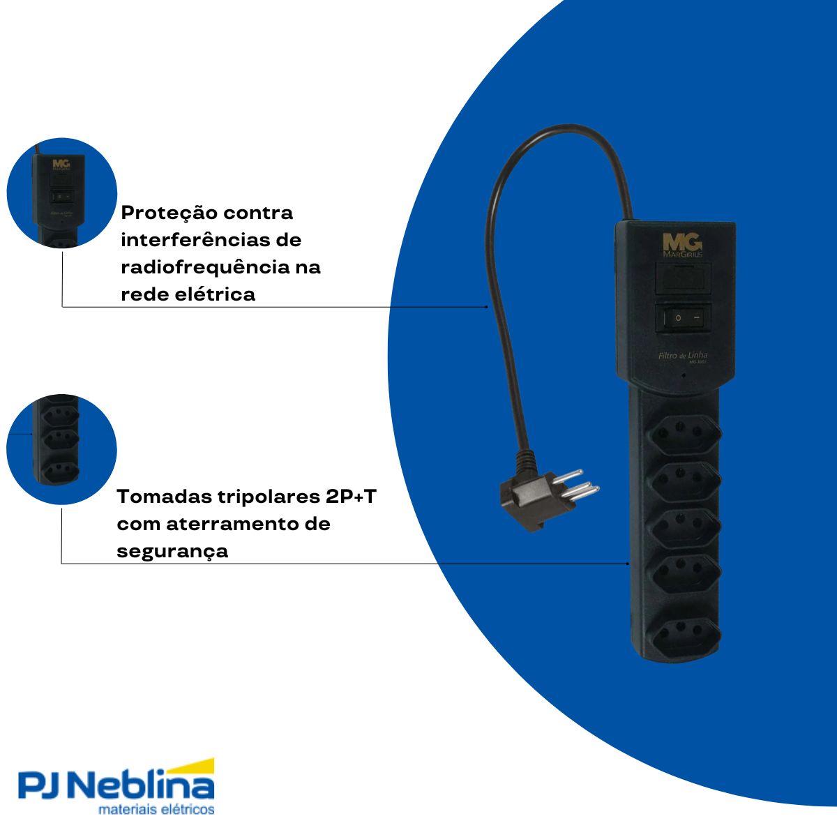 Filtro de Linha Pvc 5 Tomadas 2p+t 10a 250v Pt Cb Pp 1,5m C/