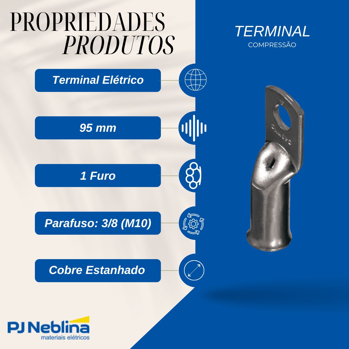Terminal Compressao 95mm 2 Compr 1 Furo F=10,5mm 3/8 (m10)