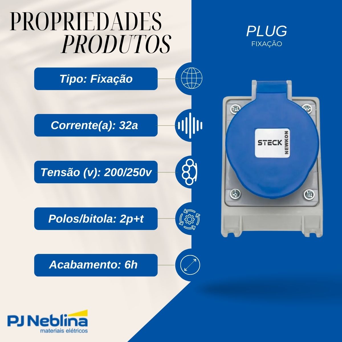 Plug Fixação Azul Sobrepor 32A 200/250V 2P+T 6H - Steck