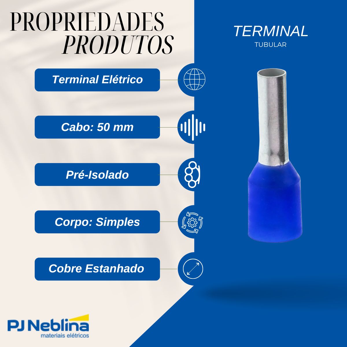 Terminal Tubular (Ilhos) 50Mm (1Awg) Pré-Isolado Azul - Magnet